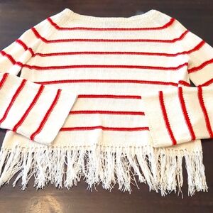 W by Worth Red and White Striped Fringe Sweater
